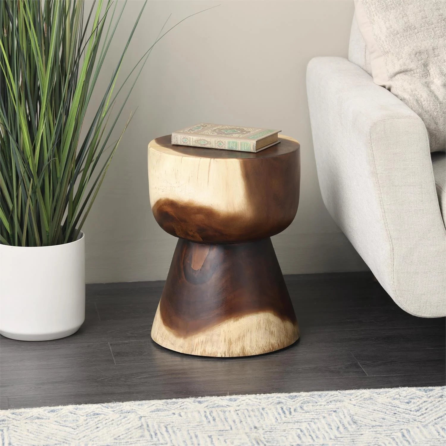 Brown Wood Handmade Hourglass Side End Accent Table with Natural Wood Grain