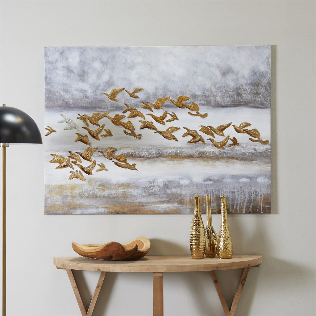 GOLD CANVAS BIRD FRAMED WALL ART WITH SILVER FRAME