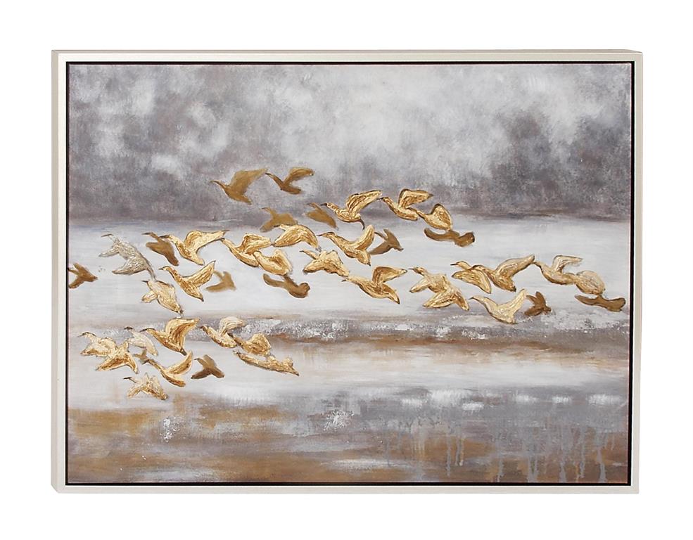 GOLD CANVAS BIRD FRAMED WALL ART WITH SILVER FRAME