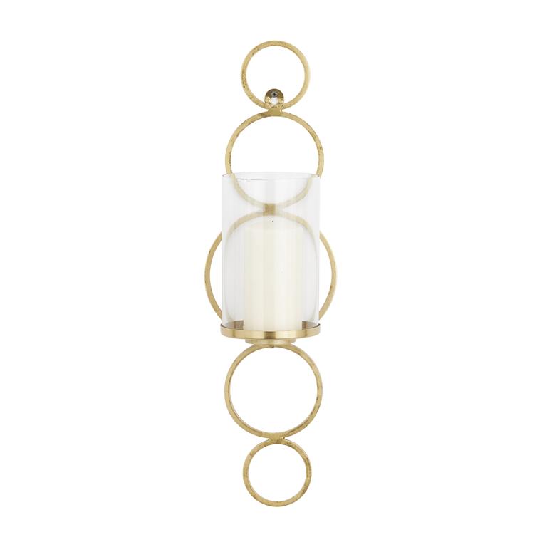 COSMOLIVING BY COSMOPOLITAN GOLD METAL CIRCLE WALL SCONCE WITH GLASS HOLDER