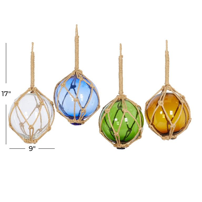 MULTI COLORED GLASS BUOY SCULPTURE WITH ROPE ACCENTS